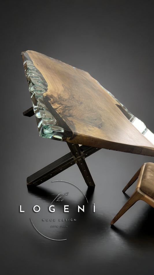 Walnut Live Edge Table with Crystal Clear Epoxy – Luxury Handmade Dining Table