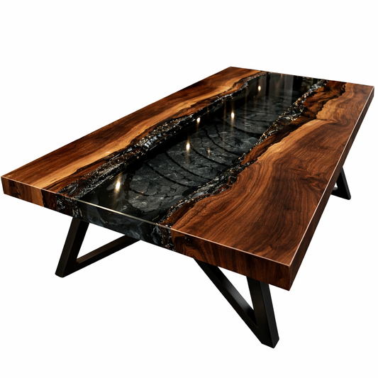 Luxury Walnut Black Epoxy River Dining Table – Handmade Solid Wood Table