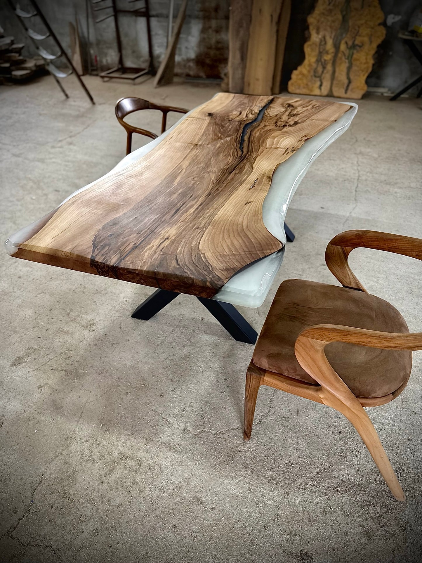 Handmade Walnut Live Edge Epoxy River Dining Table – Solid Wood Designer Table