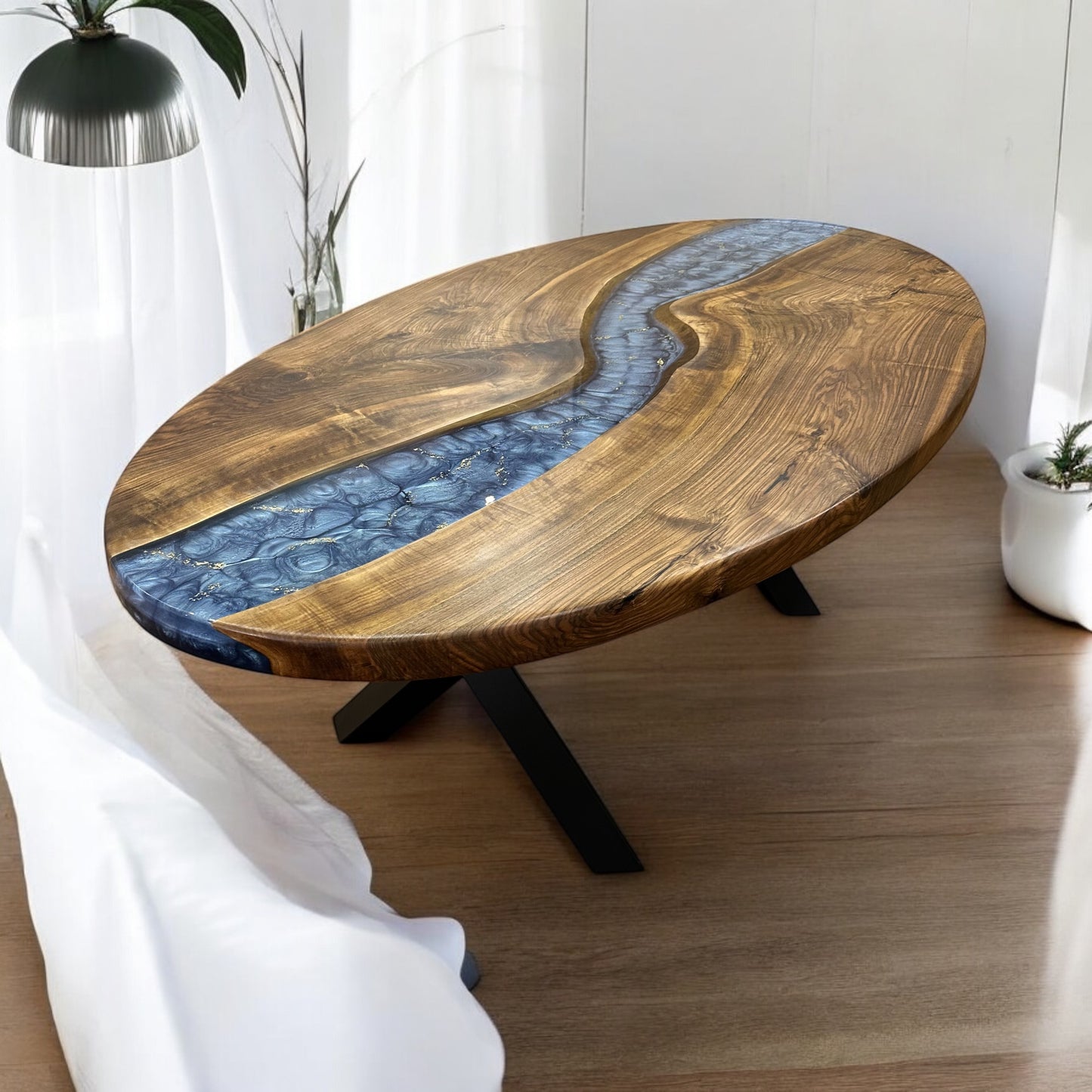 Walnut Blue River Epoxy Table – Handmade Luxury Dining Table