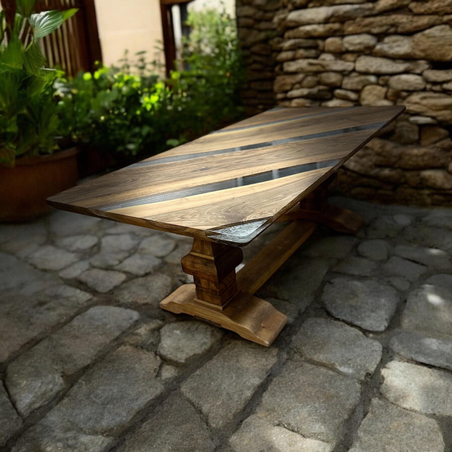 Handmade Walnut Epoxy Stripe Dining Table – Solid Wood Designer Table